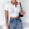 Summer Ribbed Tops Sexy Colorful Buttons T Shirt Short Sleeve Crop Top