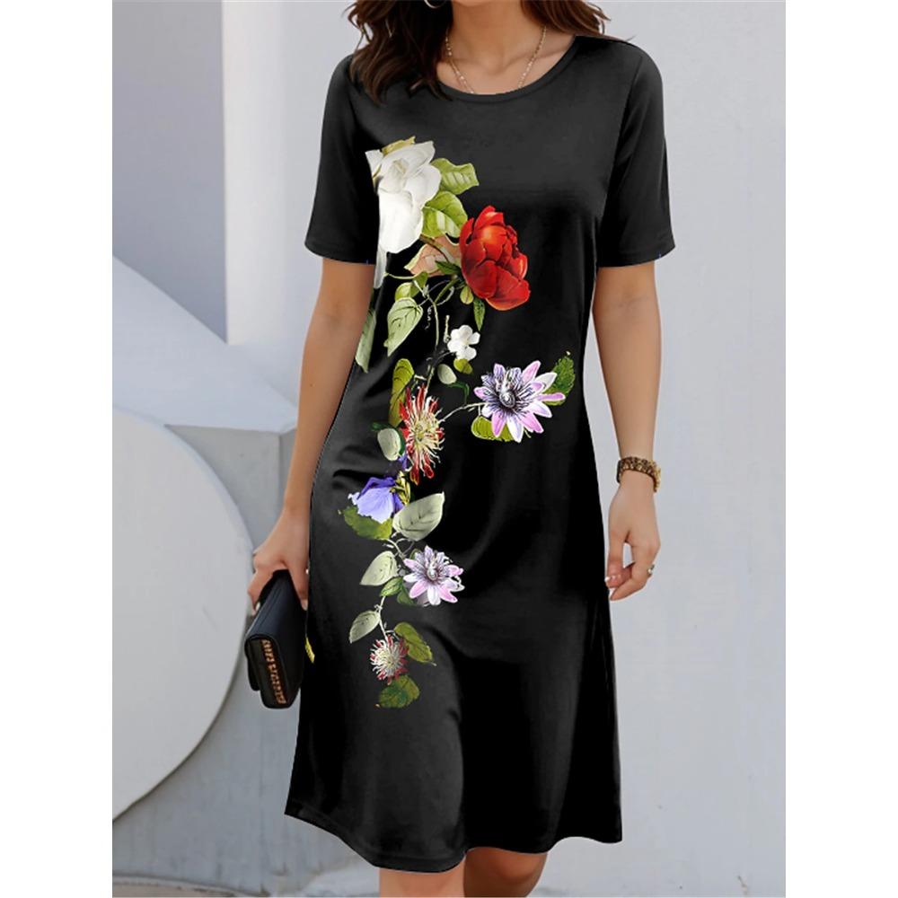 Women's Casual Dress Summer Retro Style Round Neck Short Sleeved Floral Print Comfortable Fashion Daily