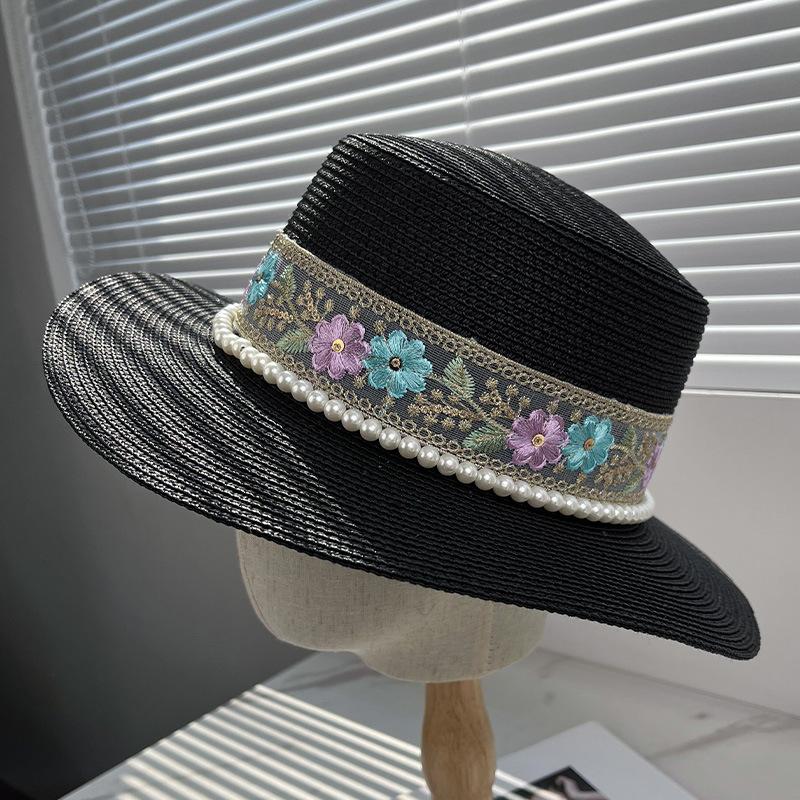 French elegance pearl flat top top hat women's spring summer vacation seaside sun hat straw hat flat edge hat