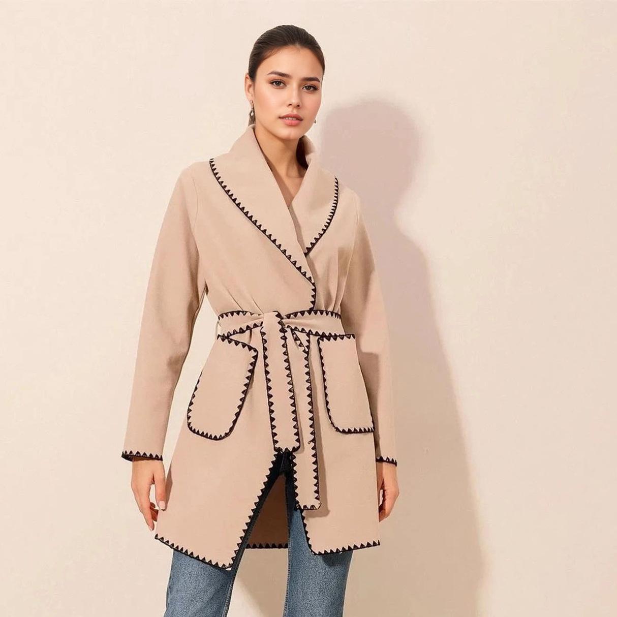 Warm long-sleeved large lapel women s woolen lace-up autumn and winter versatile jacket us size s