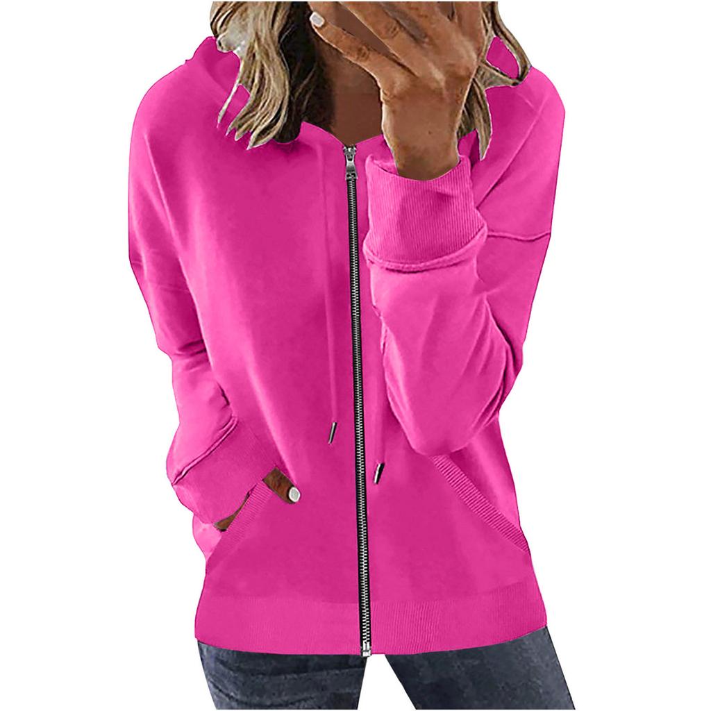 Women's Loose Fit Solid Color Zip Up Hooded Long Sleeve Sweatshirt Casual Pocket Hoodie Top