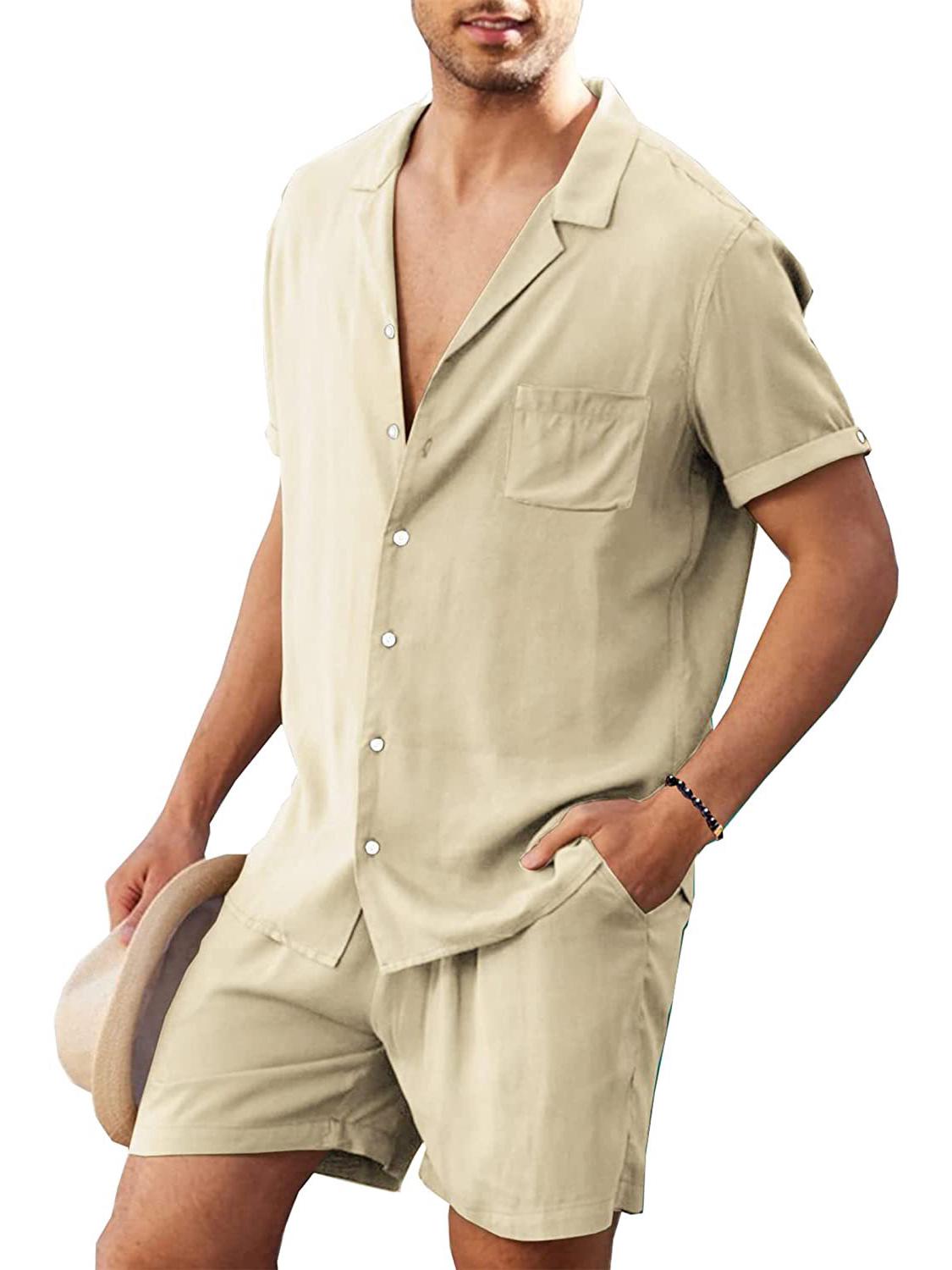 

Men s Short-Sleeve Linen Shirt & Shorts Set - Casual Summer Loose Fit XXXL бежевий