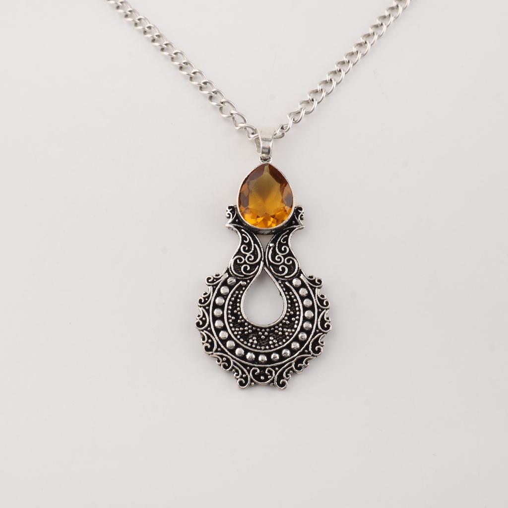 Citrine Gemstone 925 Sterling Silver Women Jewelry Pretty Oxidize Pendant 1.8" For Mother/Wife CP-45-6