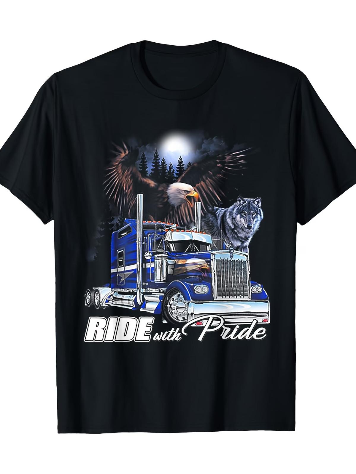 s Ride with Pride Trucker T-Shirt - Semi-Truck, Eagle, Wolf & Motorcycle Rider S