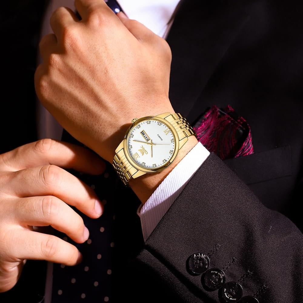 Generic Men's Quartz Watch with Calendar Diamond Index Round Face 40mm Stainless Steel Water Resistant Gold