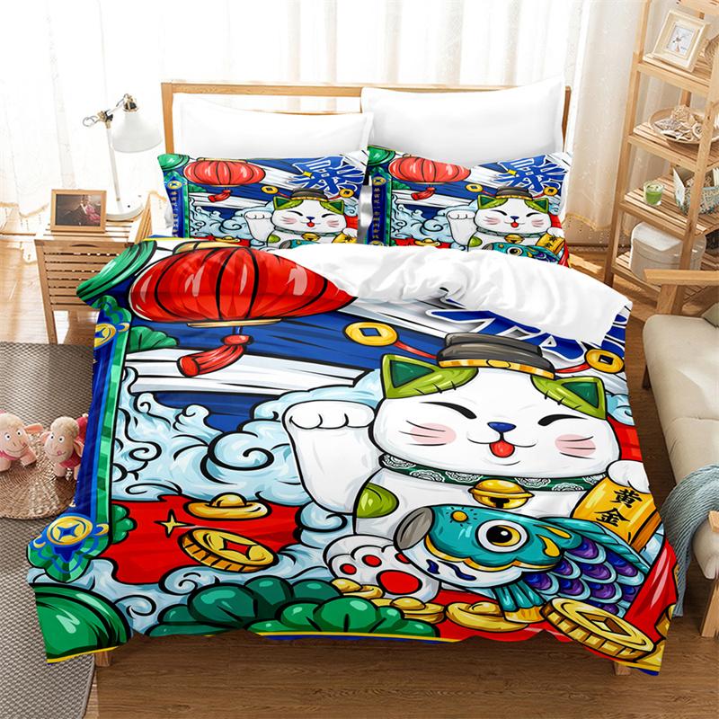 Cartoon Lucky Cat Bedding Set Bed Cover Set Lovers Bedding Kids Luxury King Size Comforter Bedding Sets Queen Duvet Cover Set