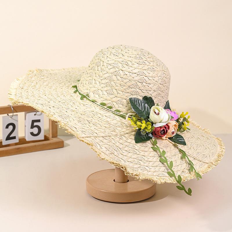 

Весенне-летняя женская шляпа с грубыми краями и широкими полями, шляпа из соломы лафит, шляпа от солнца, шляпа с имитацией цветов, шляпа, подчеркивающая лицо, маленькая шляпка от солнца One Size