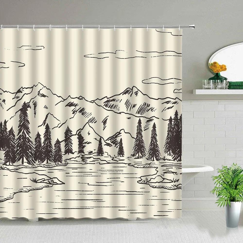 Mountain Shower Curtain,Teal Bathroom Shower Curtain, Cool Nature Watercolor Misty Forest Sun Sunset Landscape Shower Curtains