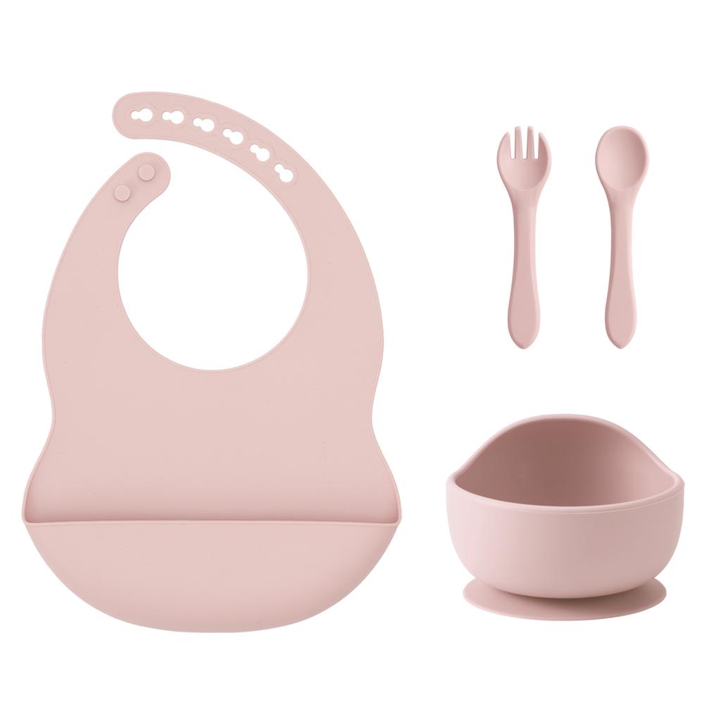 Color Kids 4PCS Silicone Baby Feeding Set With Spoon Bib Suction Bowl BPA Free Toddler Training Spoon Fork Tableware Baby Stuff