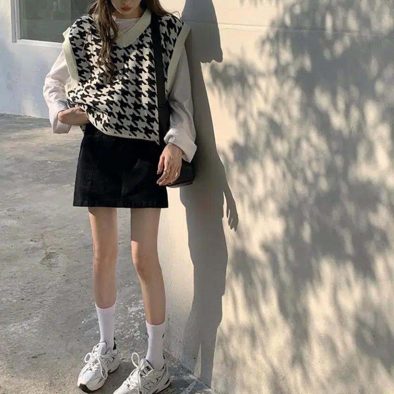 Dame Genser Vest Høst Houndstooth Rutete V-hals Ermeløs Strikket Vintage Løs Oversized Dame Genser Vest Dameklær