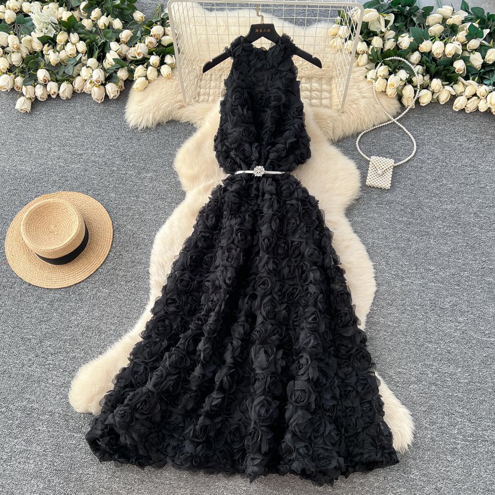 French High-end Fashion Three-dimensional Flower Neck Sleeveless Dress Women's Straps Waist Thin Temperament Big Swing Dress