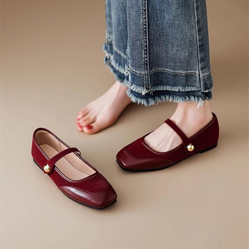 Mary Jane single shoes women's flat spring and autumn new shoes temperament red with skirt versatile evening shoes