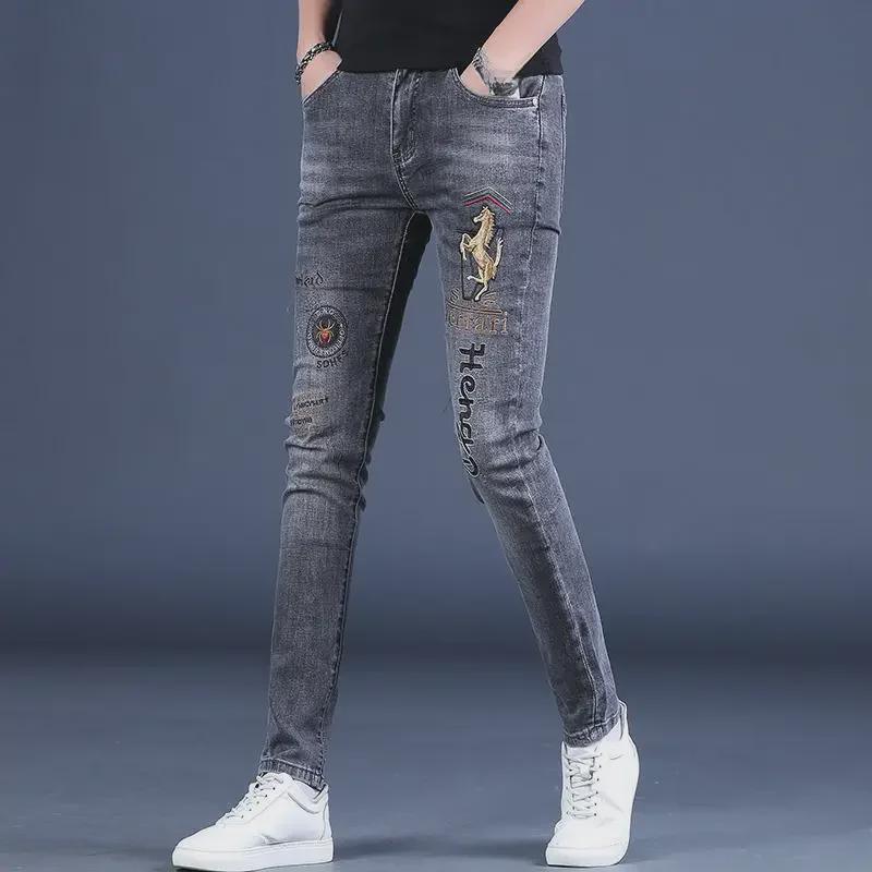 Men's European Pony Embroidered Skinny Jeans - Slim Fit, Trendy Spring/Autumn Wear