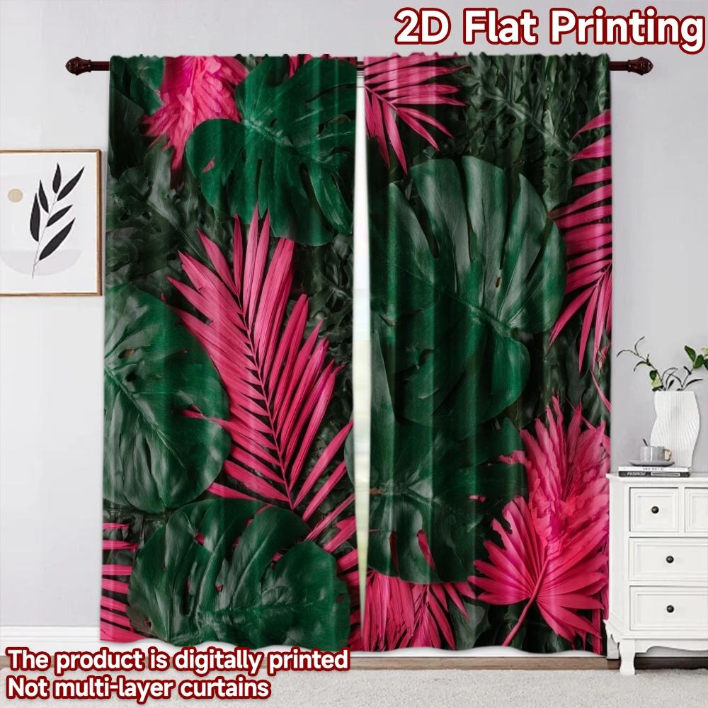 2D Flat Printing 2pcs Curtain Party Curtain Tropical Green and Pink Leaves Digital Printed Polyester Drapes Festive Curtains