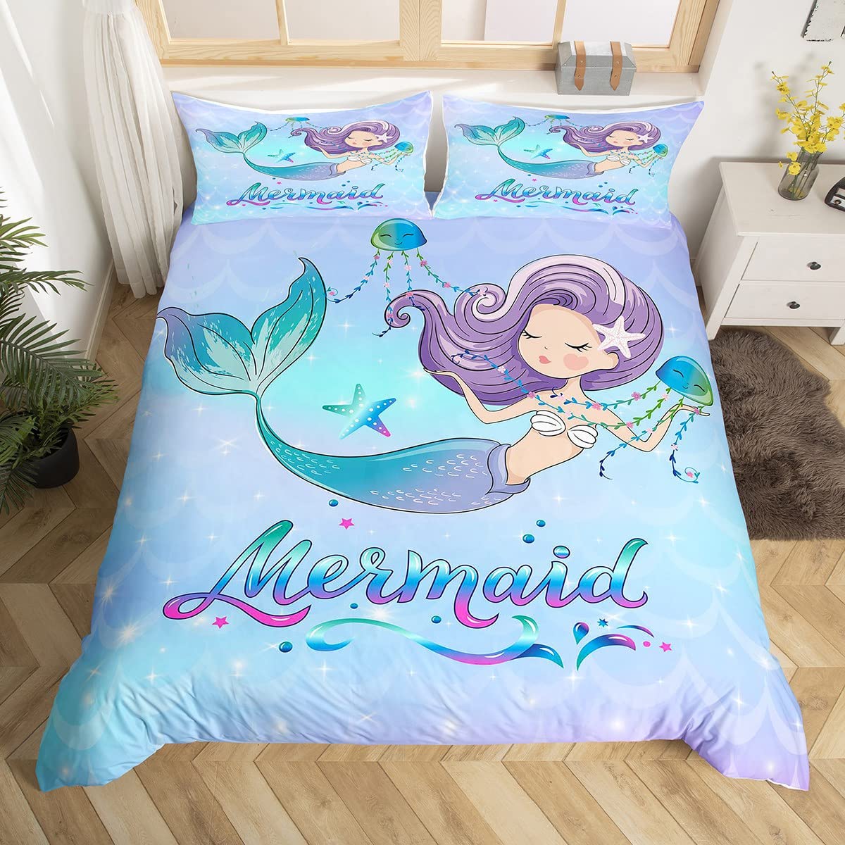 

Розовые волосы русалка одеяло чехол Подводный мир пододеяльник Океан тематика Морская жизнь постельное белье 3 шт для детей Девочки Декор комнаты 70x133cm 2pcs