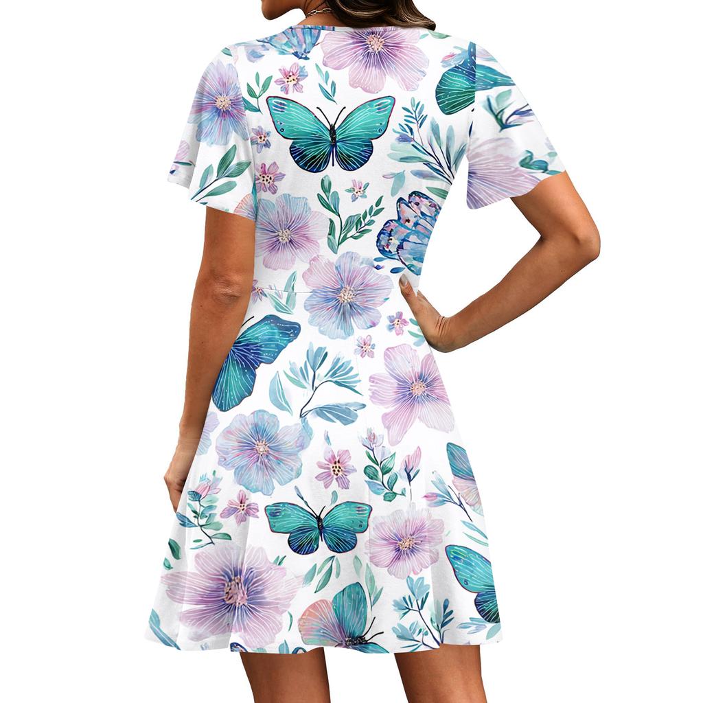 Women’s Short Sleeve V Neck Floral Print Dress with Asymmetrical Hem Casual Fit for Everyday and Vacation Wear