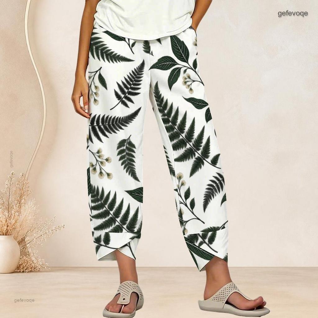 Women Plus Size Loose Fit Printed Cropped Pants Cross Hem With Pockets