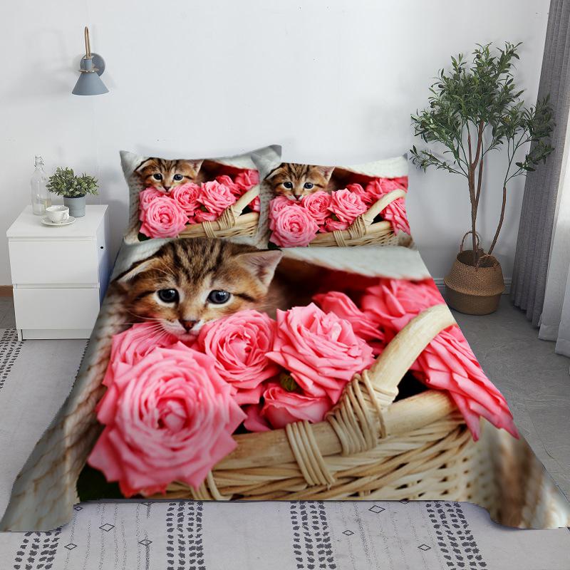 Lovely Cat Bed Sheet Set Digital Printing Polyester Bed Flat Sheet With Pillowcase Print Bedding Set 1.2/1.5/1.8/2.0m