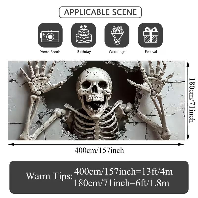 2D Flat Skeleton Breakthrough Garage Banner, Scary Halloween Photo Backdrop