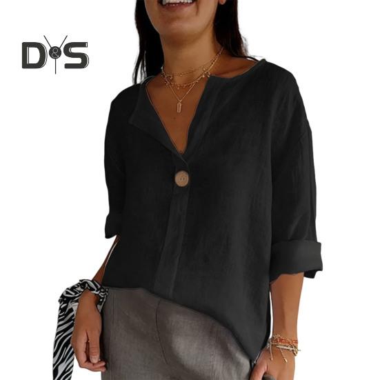 Women Shirt V-Neck Button Decor 3/4 Sleeve Pullover Tops Loose Fit Basic Neckline Solid Color Summer Shirt Tops