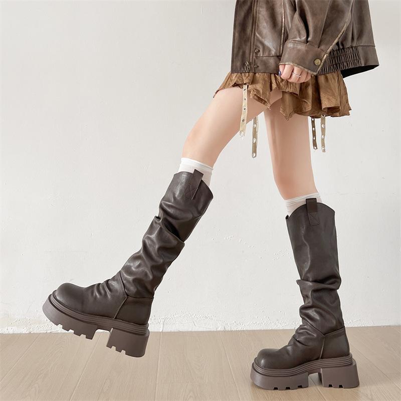 Brown slim British thick heel platform long knight boots women's shoes 2025 new retro heightening v-port stacking boots