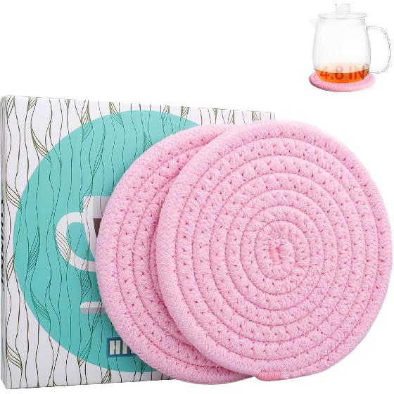 4.8" Sakura Pink Cotton Coasters for Drinks Set of 2 – Soft Absorbent Fabric Drink Pads for Coffee Cups, Boho Pastel Mug Mats for Desk, Nightstand,