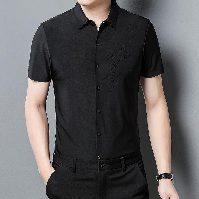 Summer New Men's Short-Sleeved Seamless Shirt Young and Middle-Aged Leisure Iron-Free Printed Shirt Lapel