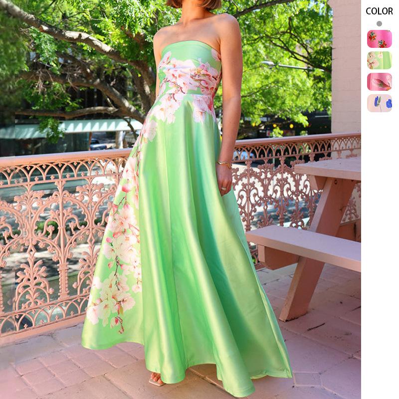 New design sense splicing satin sexy tube top printing high waist dress evening dress