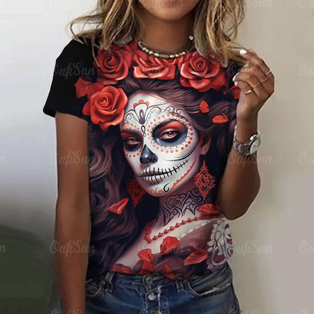 Women Skull Print T-Shirt For Print Harajuku Short Sleeve Tops Autumn O Neck Oversized Sweater Female Casual Clothes