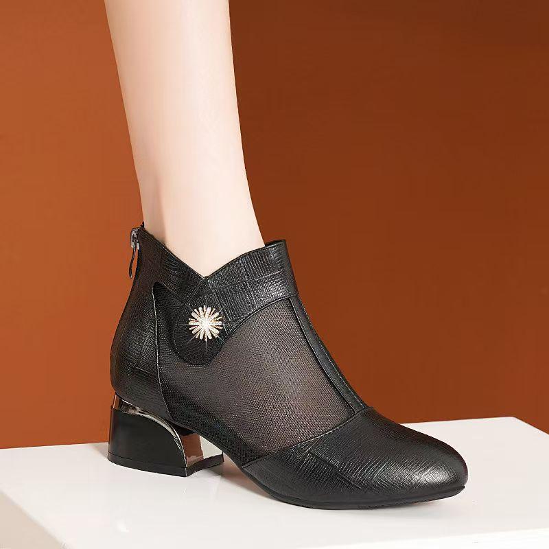 Women's Summer New Block Heel Mesh Cool Boots Soft Sole Non Slip High Top Breathable Zippers Ankle Boots Low Heel Baotou Sandals