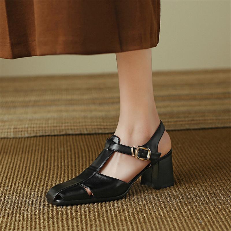 Fashion Split Leather Summer Sandals Square Toe Chunky Heel Sandals for Women High Heels Mary Jane Shoes T-shaped Buckle Ladies Shoes