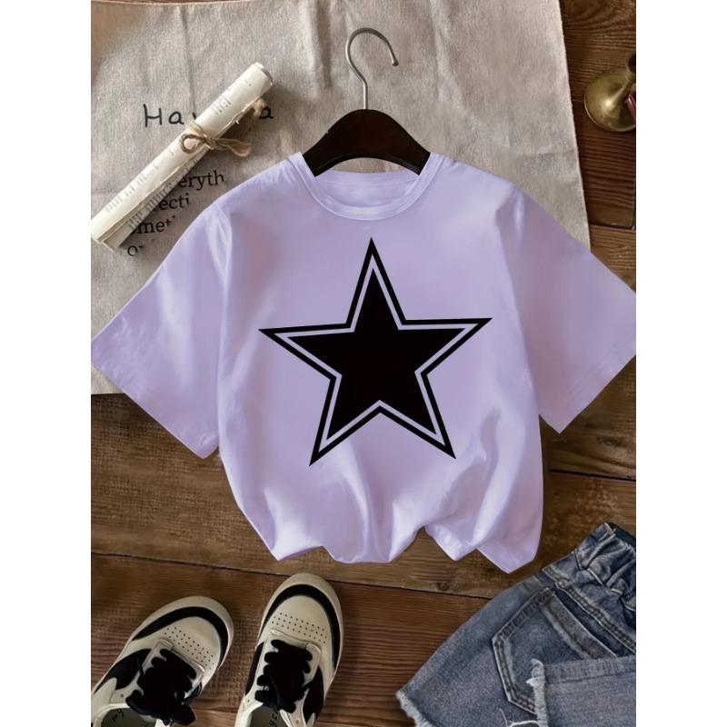2026 Kids Pure Cotton Round Neck Short-Sleeve Top Star Patterned Printed T-shirt Y2K Trendy Girls' Summer T-shirt Girls Clothing