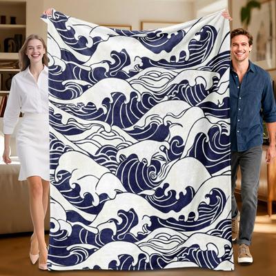1 Stück blau-weiß gestreifte Flanelldecke mit Wellenmotiv, weich, geeignet für Sofa, Bett, Büro, ganzjährige Nutzung.