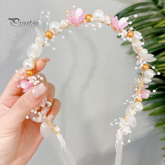 Stirnband für Mädchen, lang, transparentes Band, verstellbar, Kunstperlen-Dekoration, Prinzessinnen-Blumenmuster, Kopfschmuck für Hochzeit, Party, Haar-Accessoires, Geburtstagsgeschenk