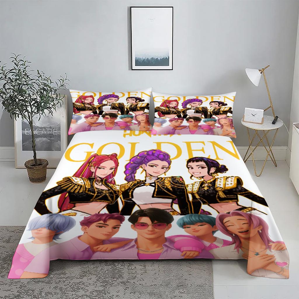 Golden Demon Hunters K-pop Bed Sheet Set 3D Printed Bed Flat Sheet With Pillowcase Bed Linen King Queen Size