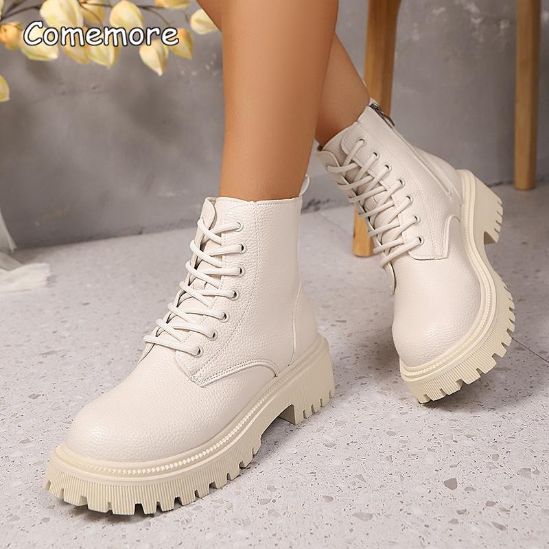 Móda Móda Zlaté PU Kůže Platforma Kotníkové Boty Ženy Silná Podrážka Šněrovací Hnědé Kotníkové Boty Žena Podzim Zima Masivní Podpatek Krátké Boty