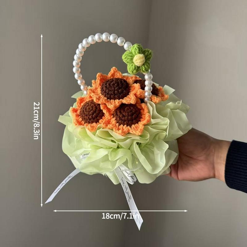 Crochet Rose Bouquet Handmade Knitted Sunflower Basketed For Graduation Mothers Day Birthday Wedding Gift Home Office Desk Decor