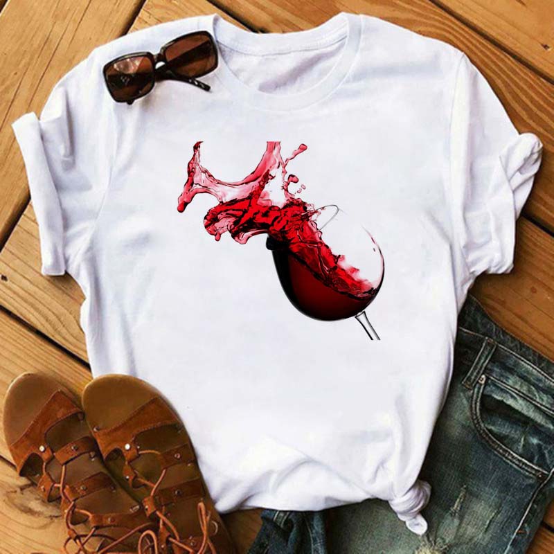 New Women T-Shirt Casual Short Sleeve T Shirt Women's Fashion Rose Red Wine Glass Printed Black T-Shirt Female Tops Tees
