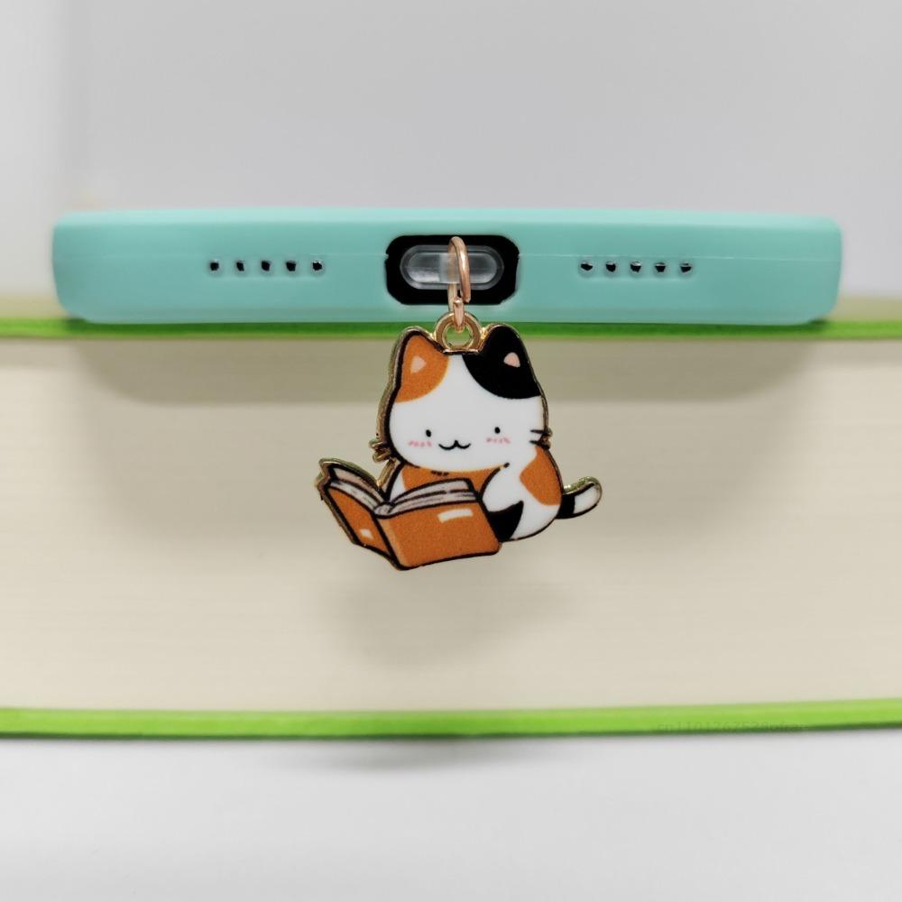 Kawaii Dust Plug Reading Cat Charge Port Plug For IPhone Type C Anti Dust Cap Decoration Hanging Phone Pendant Ladies Gift