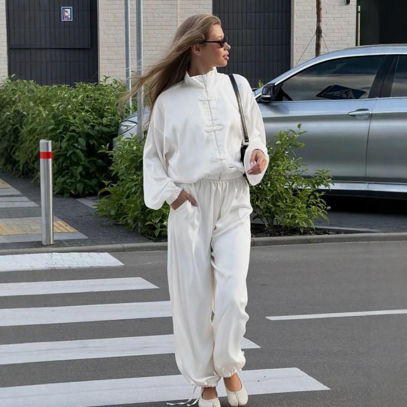 Womens 2-Piece Satin Set 2026 Fall Winter Stand Collar Jacket Wide Leg Pants Loose Casual Outfit