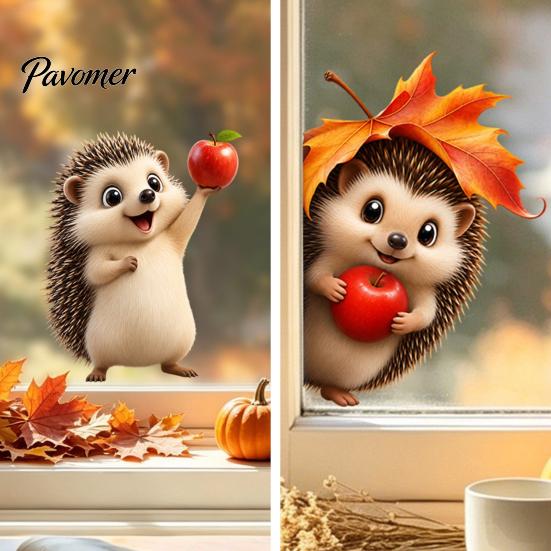Maple Leaf Window Decals Fall Static Clings, Autumn Hedgehog Glass Decals, Reusable Decorations PVC Stickers for Home, Shop Storefront Harvest Season