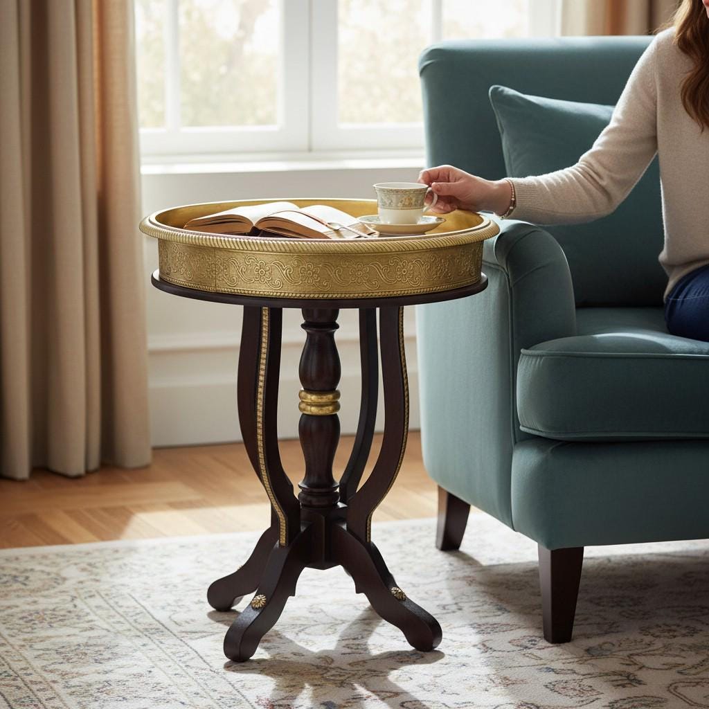 Handicrafted Brass Serving Tray Table on Wooden Stand | Round Style Accent Table | Traditional Indian Decorative Side Table Furniture| Decor