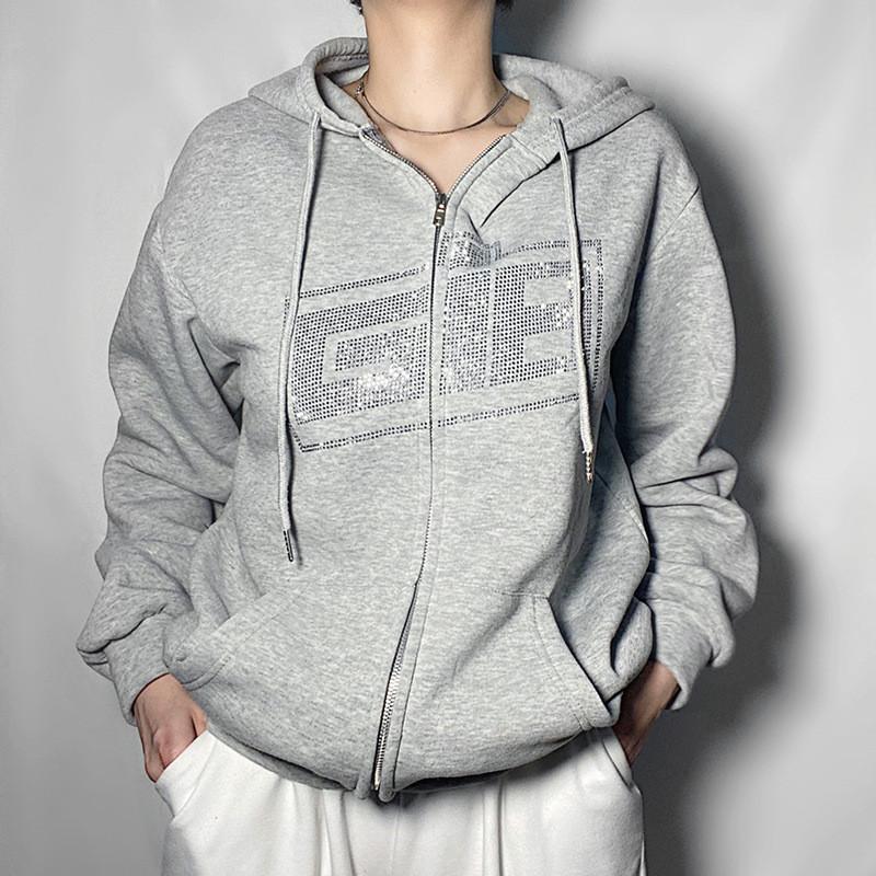 Street Hip Hop Spinnenknochen Aufkleber Diamant Schwarz Reißverschluss Hoodie Damen 2022 y2k Harajuku Jacke Pullover Damen