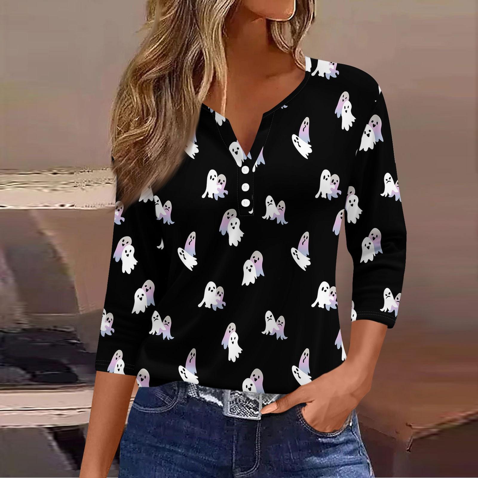 

Женские топы с рукавом 3/4, с принтом на Хэллоуин, винтажная мода, повседневные, свободные, с V-образным вырезом, больших размеров L чёрный