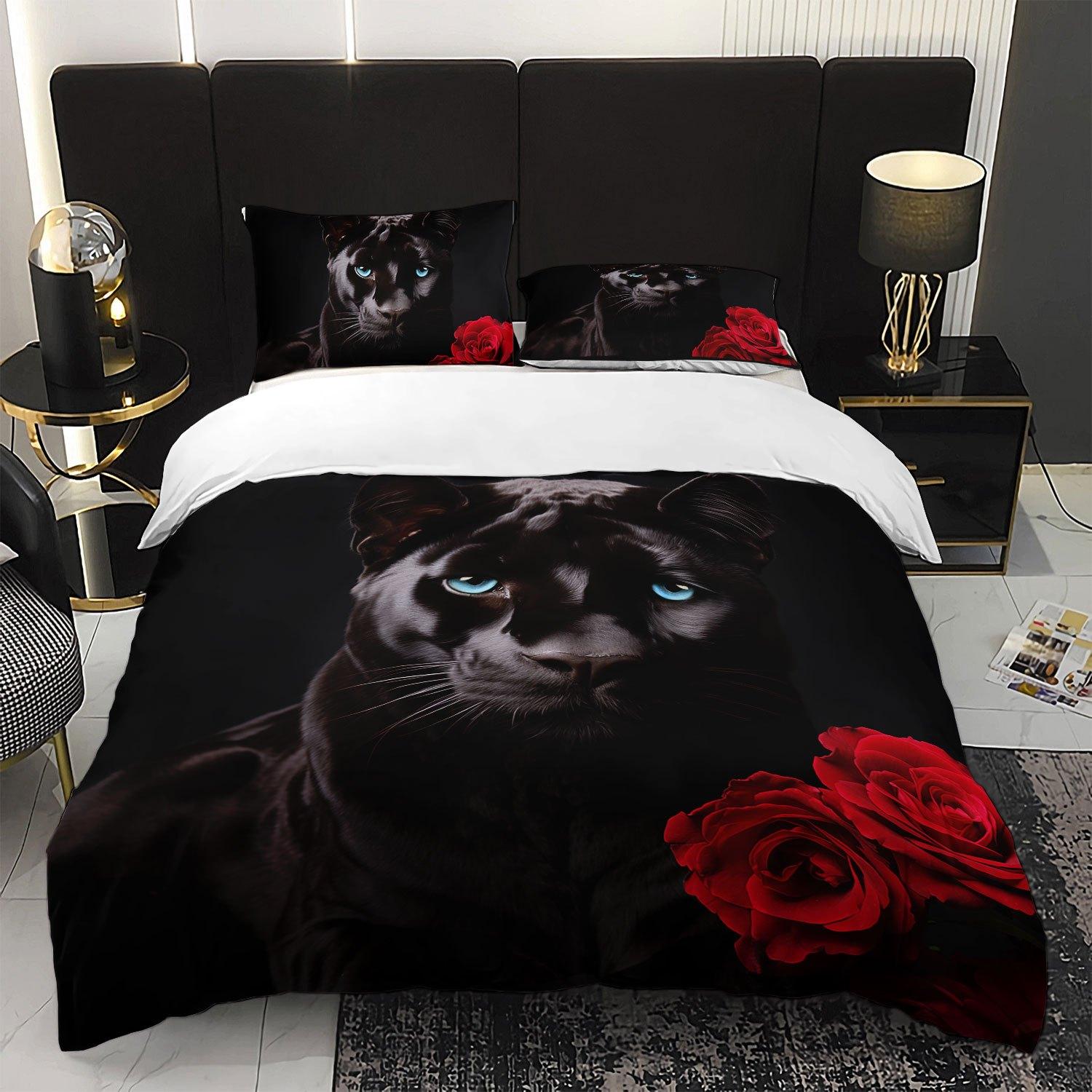 

3pcs Black Panther Rose Luxury Bedding Set Elegant Gothic Themed Duvet Cover Quilt Cover with Standard Pillowcases Duvet Cover Set&EU Single(135x200cm)