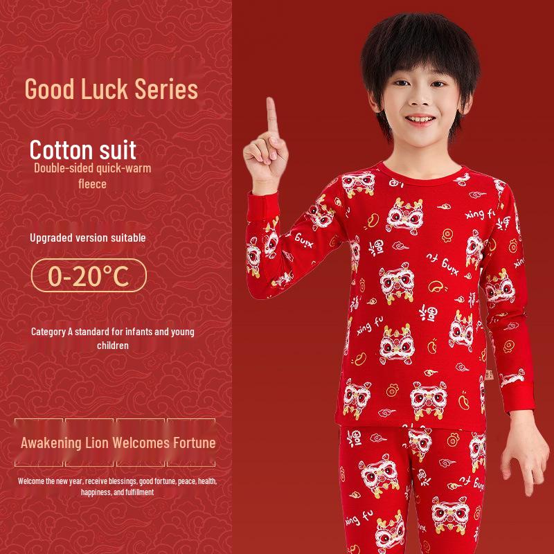 Children's Autumn/Winter Horse Year Red Long Johns Set - Pure Cotton Warm Pajamas
