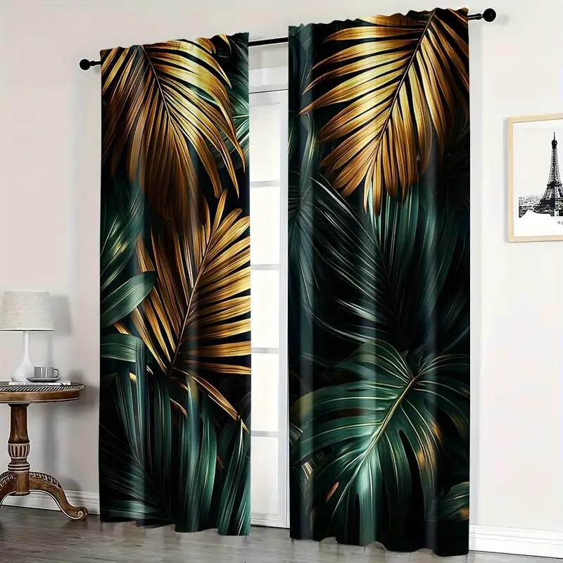 2pcs Luxurious Gold Tropical Leaf Printed Curtains, Designed for Light Filtering, Quality Material, Ideal for Modern Home Window