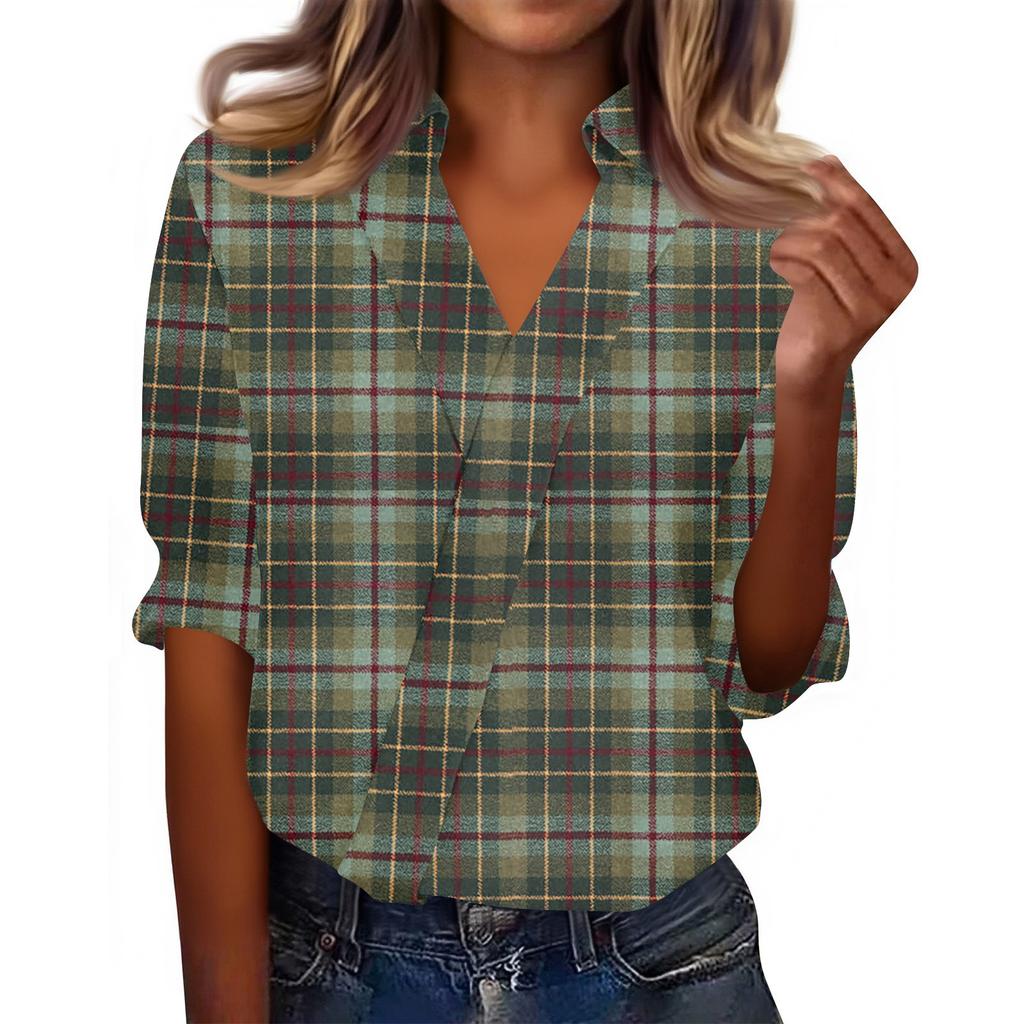3/4-Ärmel Damenoberteile V-Ausschnitt Shirts Trendy Bedruckte Business Casual Arbeitsblusen