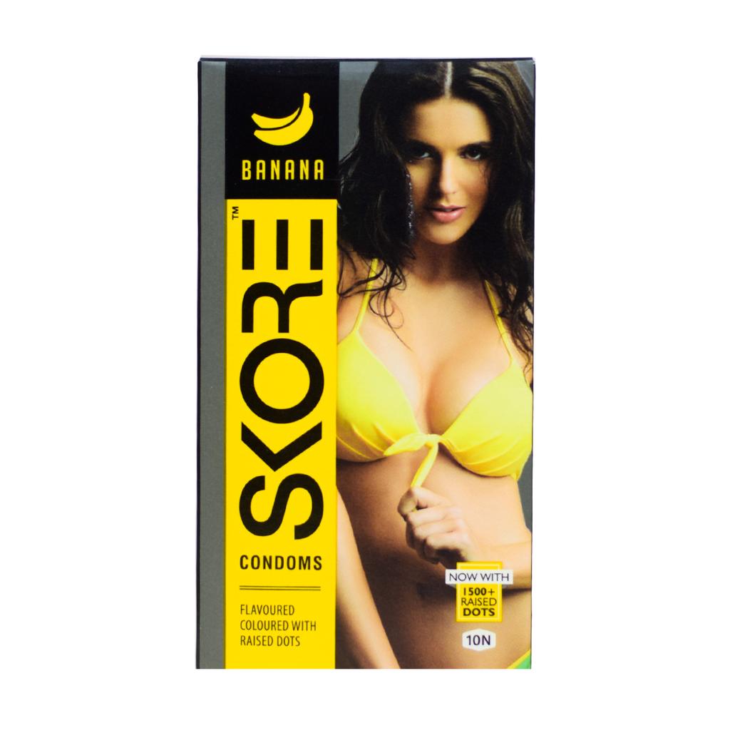 Spot kondomer med banansmak (10 deler), Kondomer med banansmak, Skore
