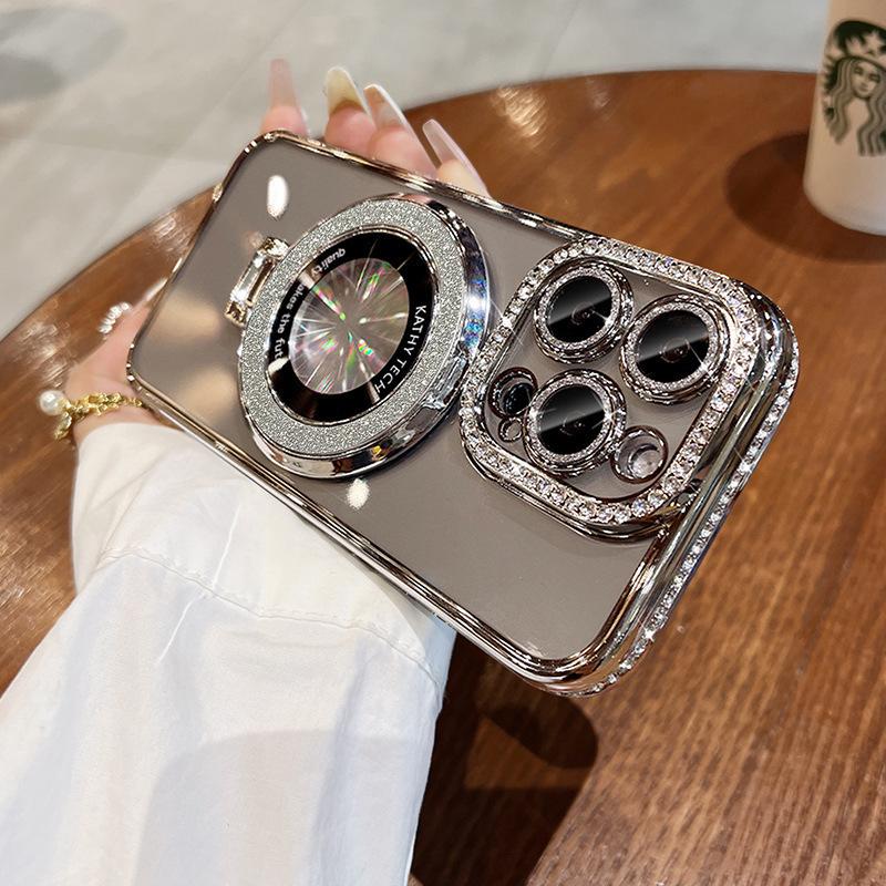 Applicable to iPhone17PRO mobile phone case, advanced sense rhinestone glitter, magnetic suction bracket, Apple 16E transparent sheath 15.